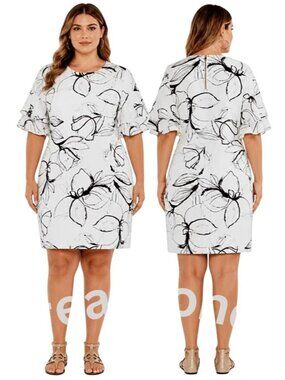 Vince Camuto White Black Floral Layered Ruffle Flutter Sleeve Mini Dress Size 16